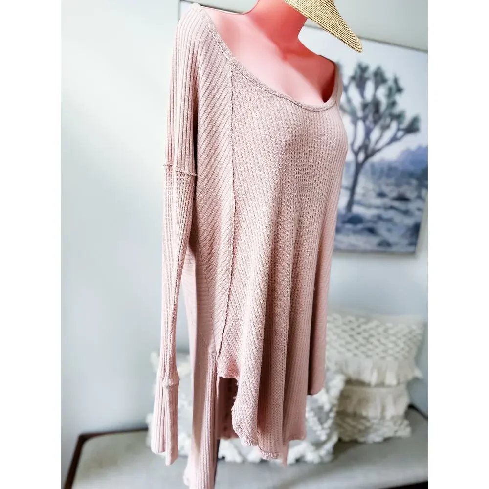 Free People Slow Mornings Gentle Hours slouchy mauve Distressed thermal tunic